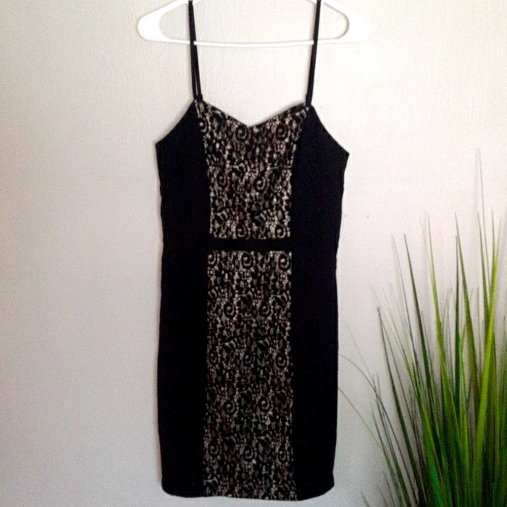 C. LUCE BLACK NUDE SPAGHETTI STRAP BLACK DRESS V NECK SIZE SMALL NWT